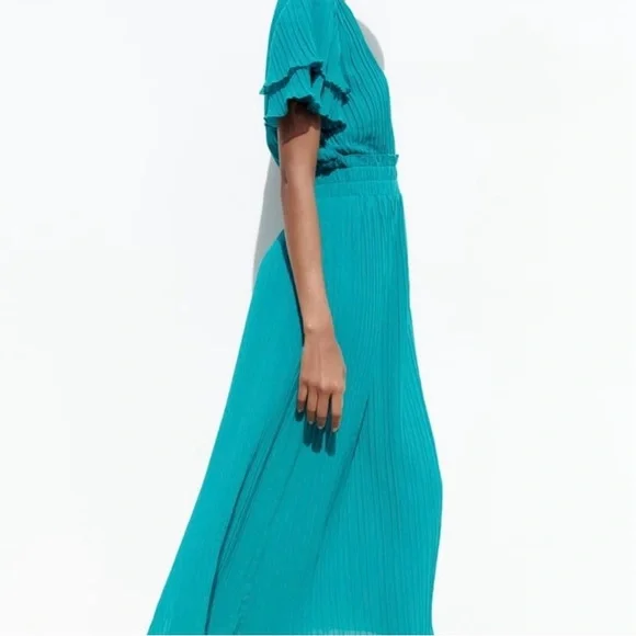 💫HP‼️💫 NWT ZARA Pleated Midi Dress in Teal, Size Medium - Picture 7 of 11